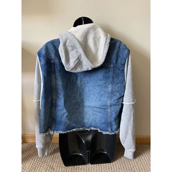 We the Free by Free People Denim Button Sweatshirt Sleeve Hooded Oversized Sz XS - Picture 4 of 9